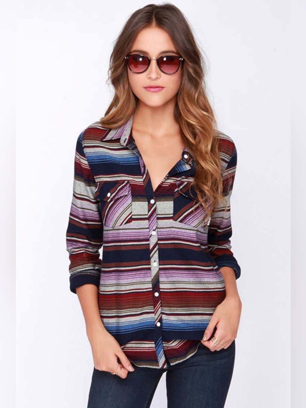 Roxy Camp Site Multi Stripe Button-Up Top, XL, Sarape, Long Sleeve, Southwestern - Picture 3 of 12